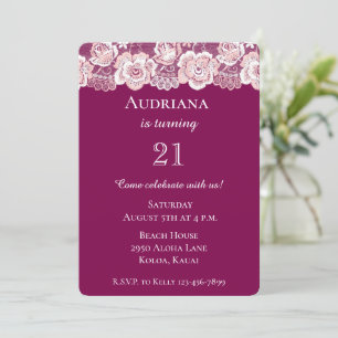 Chic Dark Pink Floral Lace Birthday Invitation
