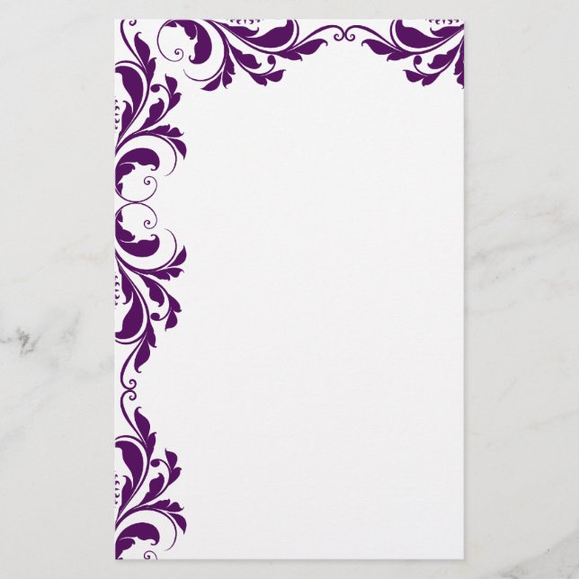 Chic Dark Purple Damask Plain Stationery (Front)