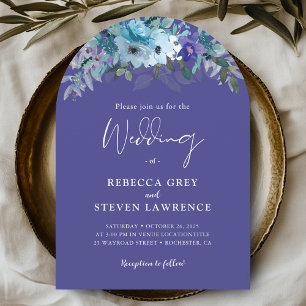 Chic dark purple dusty blue floral arch wedding invitation