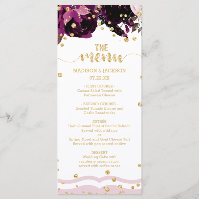 Chic Dark Purple Floral Gold Confetti Wedding Menu (Front)