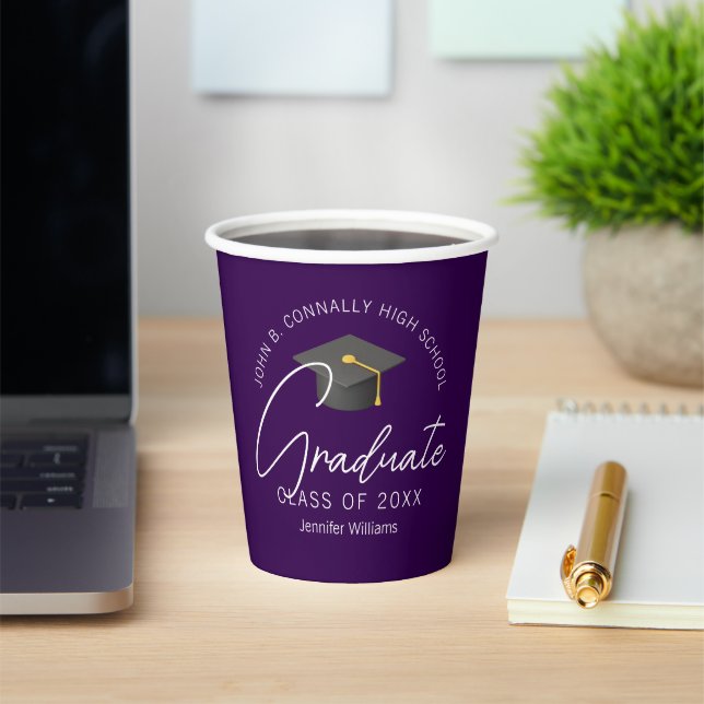 Chic Dark Purple Personalised Graduation Party Paper Cups (Insitu)