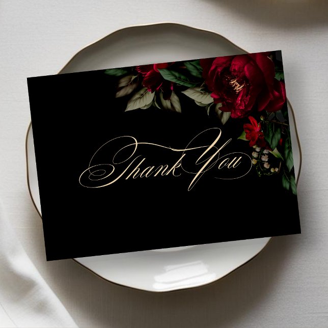 Chic dark red green gothic floral moody wedding thank you card (Creator Uploaded)