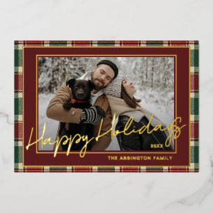Chic Dark Red Green Plaid Gold Foil Family Photo Holiday Card