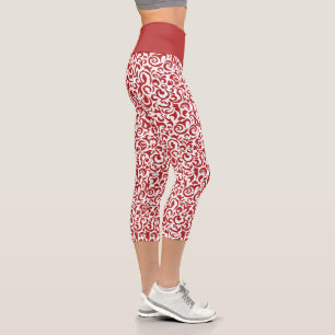 Chic Dark Red White Damask Floral Art Pattern Capri Leggings