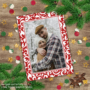 Chic Dark Red White Damask Floral Art Pattern Card