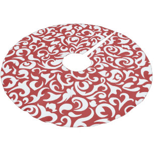 Chic Dark Red White Damask Floral Pattern Brushed Polyester Tree Skirt