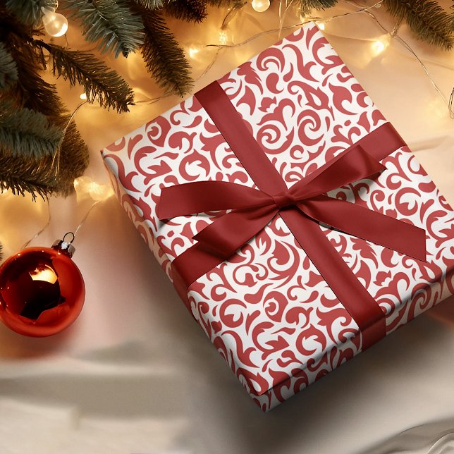 Chic Dark Red White Damask Floral Pattern Wrapping Paper (Creator Uploaded)