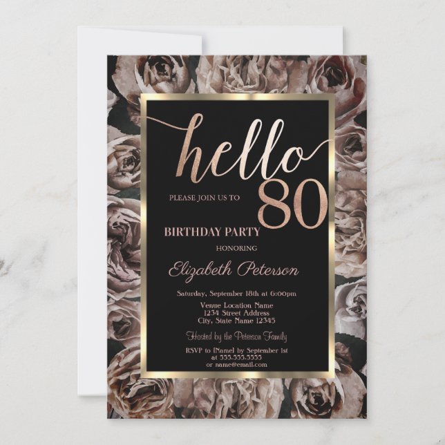 Chic Dark Roses Black 80th Birthday  Invitation (Front)