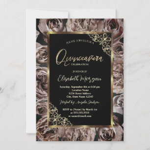 Chic Dark Roses Gold Frame Black Quinceañera Invitation