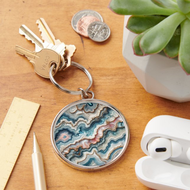Chic Dark Teal Blue Blush Pink Gold Marble Pattern Key Ring (Desk)