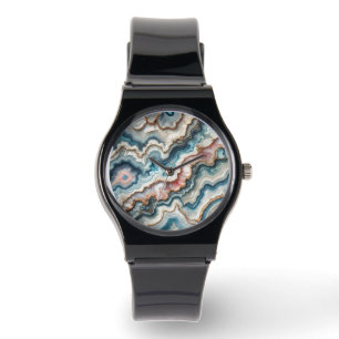 Chic Dark Teal Blue Blush Pink Gold Marble Pattern Watch