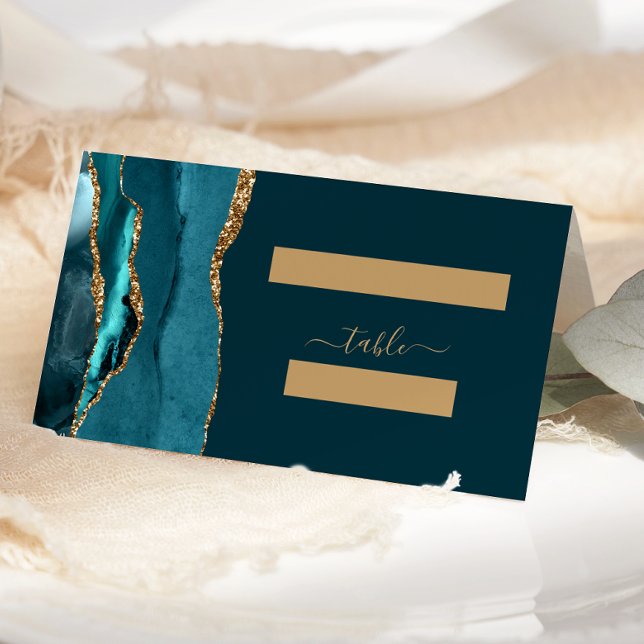 Chic Dark Teal Blue Gold Agate Wedding Place Card (Creator Uploaded)