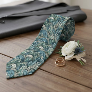 Chic Dark Teal Blue Green Grey Paisley Art Tie