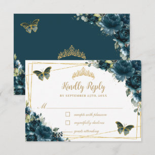 Chic Dark Teal Floral Gold Butterflies Quinceañera RSVP Card