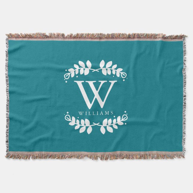 Chic Dark Teal Monogram Throw Blanket (Front)