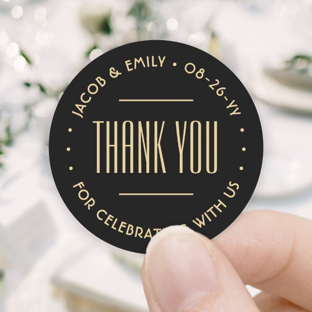Chic Deco Typography Thank You Black & Gold Classic Round Sticker (Creator Uploaded)