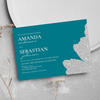 Chic deep cyan silver glitter brushstrokes wedding invitation