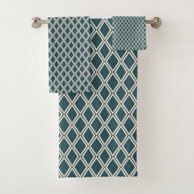 Chic Deep Emerald Ivory Diamond Geometric pattern Bath Towel Set (Insitu)