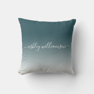 Chic Deep Emerald White Ombre Effect Monogram Name Cushion