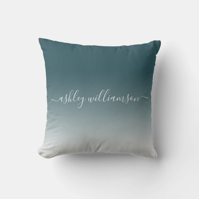 Chic Deep Emerald White Ombre Effect Monogram Name Cushion (Front)