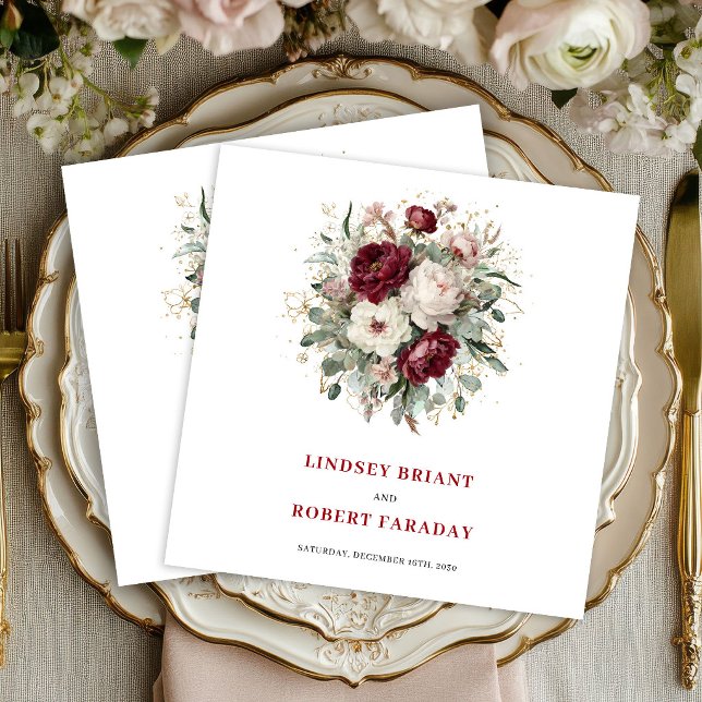 Chic Deep Red Floral Greenery Gold Wedding Napkins (Chic Deep Red Floral Greenery Gold Wedding Napkins)