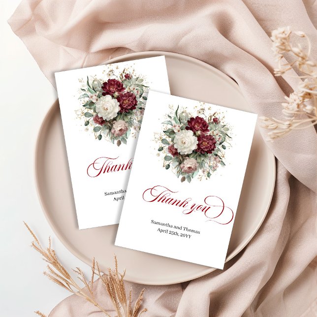 Chic Deep Red Floral Greenery Thank You Card (Chic Deep Red Floral Greenery Thank You Card)