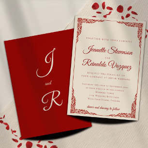 Chic Deep Red & Ivory Elegant Old Money Wedding Invitation