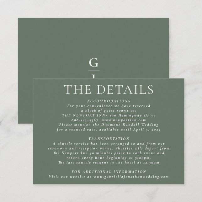 Chic Deep Sage Wedding Details  Enclosure Card (Front/Back)