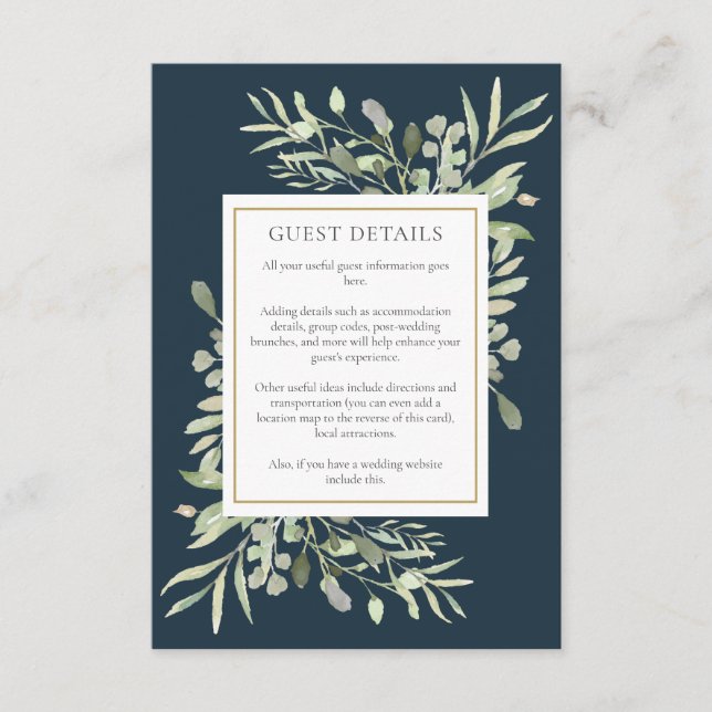 Chic Deep Sea Blue Greenery Wedding Guest Details Enclosure Card (Front)