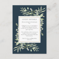 Chic Deep Sea Blue Greenery Wedding Guest Details