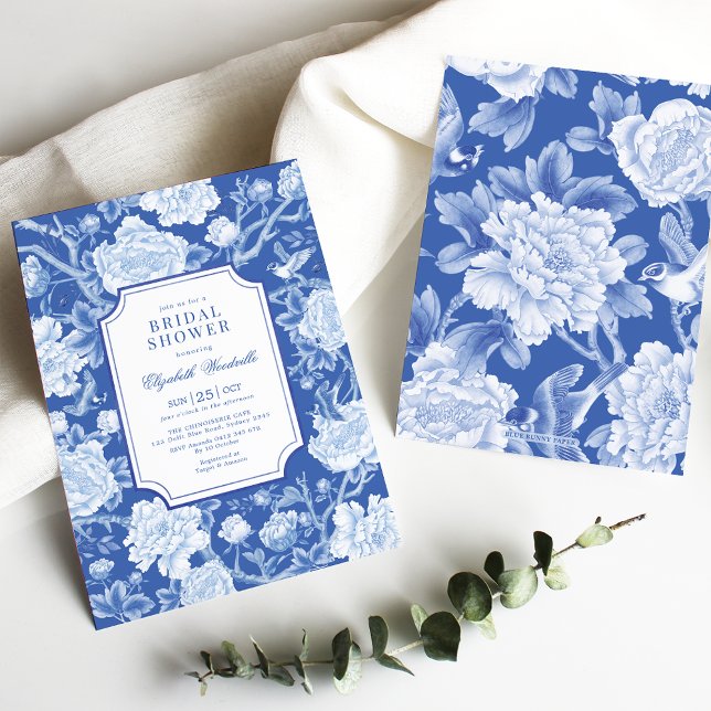 Chic Delft Blue Chinoiserie Floral Bridal Shower Invitation (Creator Uploaded)