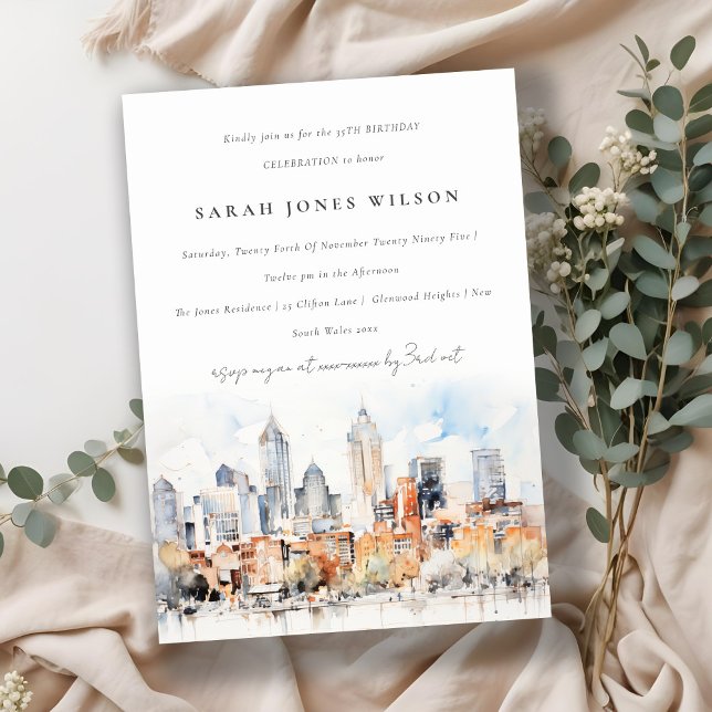Chic Denver Colorado Skyline Watercolor Birthday Invitation (Creator Uploaded)