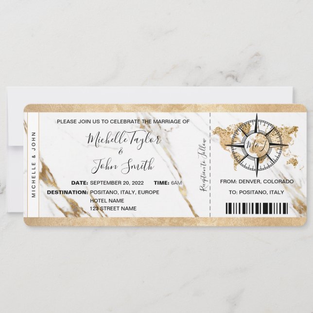 Chic Destination Wedding Boarding Pass Ticket Gold Invitation (Front)