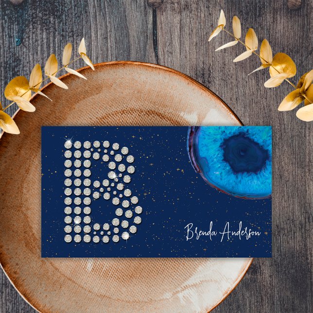 Chic Diamond Blue Agate Initial B Letter Monogram Business Card (Front)