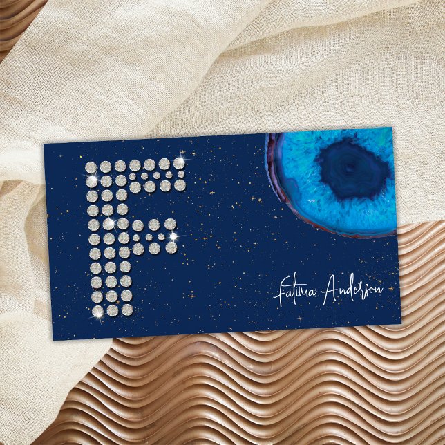 Chic Diamond Blue Agate Initial F Letter Monogram Business Card (Front)