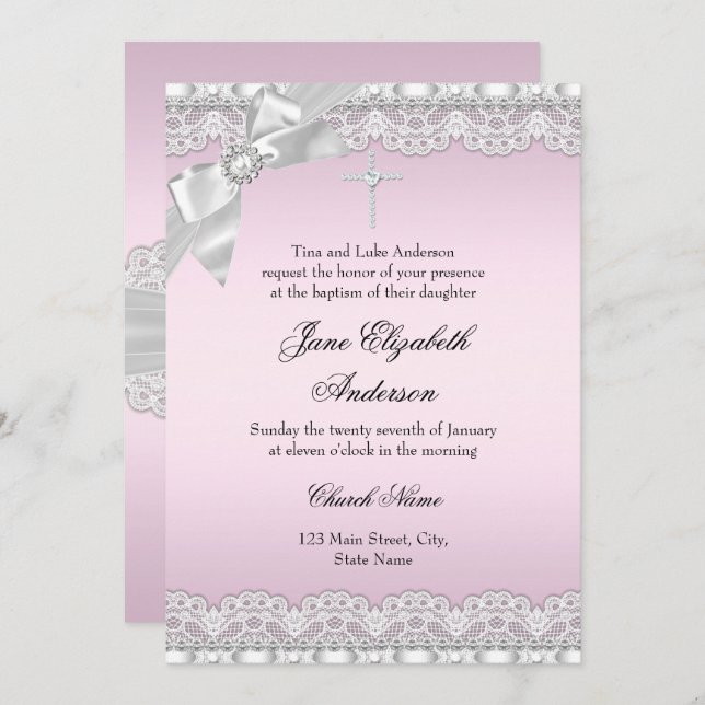 Chic Diamond Lace Pink Baptism Invite (Front/Back)