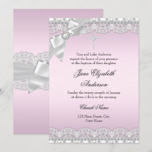 Chic Diamond Lace Pink Baptism Invite