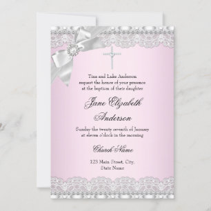 Chic Diamond Lace Pink Baptism Invite