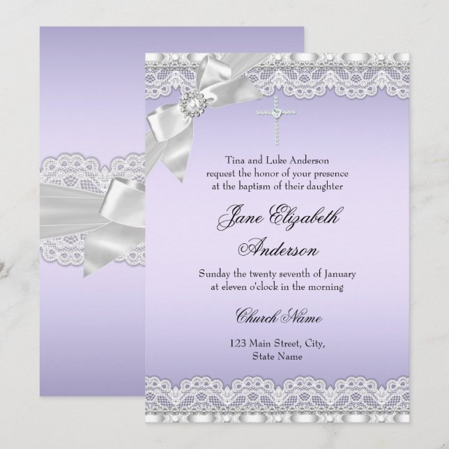 Chic Diamond Lace Purple Baptism Invite (Front/Back)