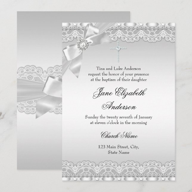 Chic Diamond Lace Silver Baptism girl/boy Invitation (Front/Back)