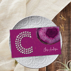 Chic Diamond Plum Agate Initial Letter C Monogram Business Card