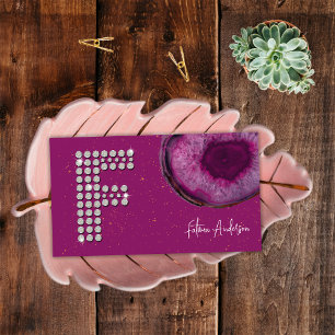 Chic Diamond Plum Agate Initial Letter F Monogram Business Card
