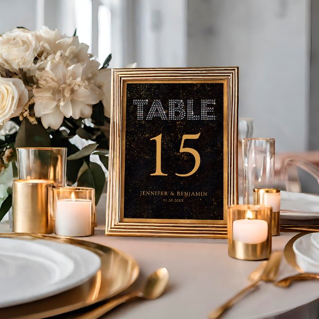 Chic Diamonds Black and Gold Speckled Wedding Table Number (Creator Uploaded)
