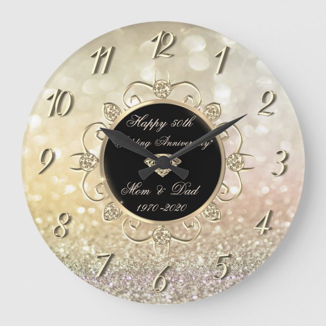 Chic Diamonds Bokeh 50th Wedding Anniversary Large Clock (Front)