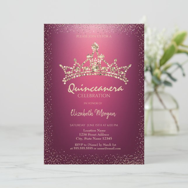 Chic Diamonds Crown Red Quinceañera  Invitation (Standing Front)