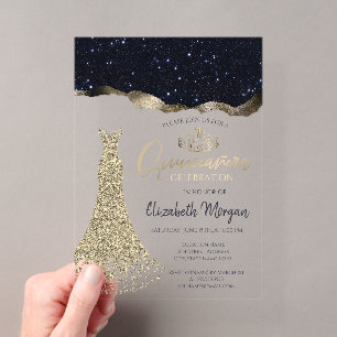 Chic Diamonds Dress, Gold Tiara,Black Glitter   Acrylic Invitations