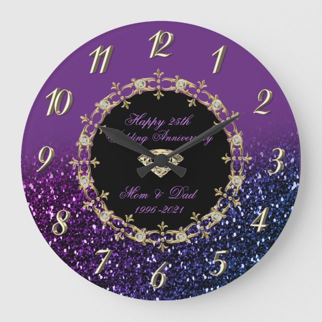 Chic Diamonds Glitter 25th Wedding Anniversary Large Clock (Front)
