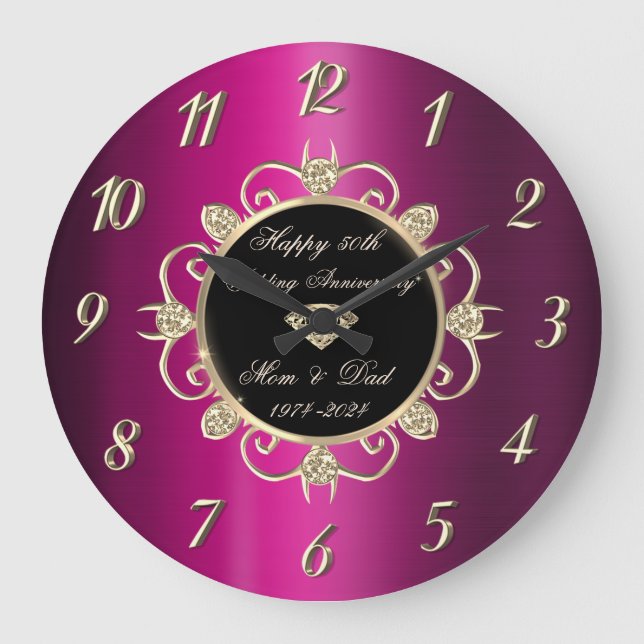 Chic Diamonds Purple 50th Wedding Anniversary Large Clock (Front)
