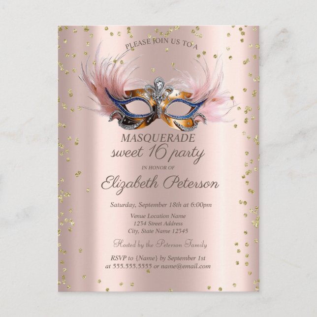 Chic Diamonds Rose Gold Masquerade Sweet 16   Invitation Postcard (Front)