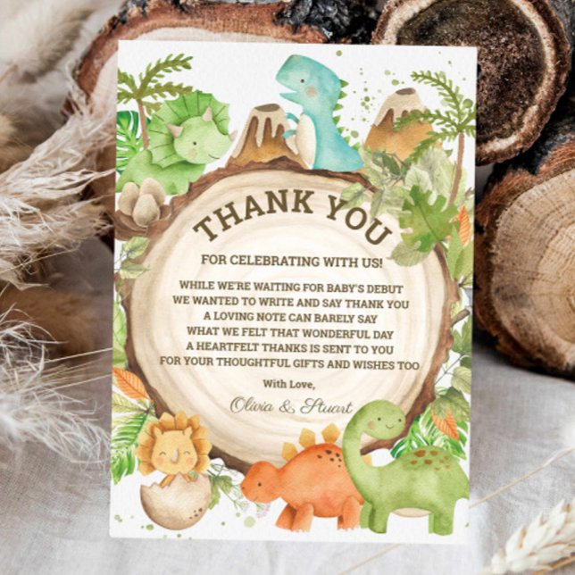 Chic Dinosaur Boy Baby Shower Greenery Chevron Thank You Card (Creator Uploaded)